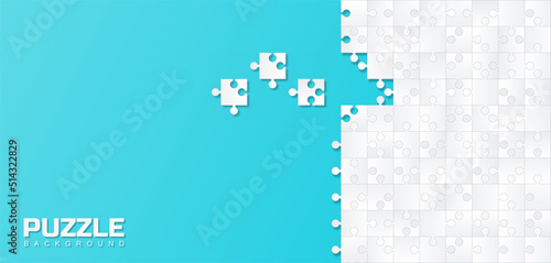 Puzzle stylish background. Collection of picture from pieces on blue backdrop. Graphic elements for website, interface, landing page design and space for text. Cartoon flat vector illustration