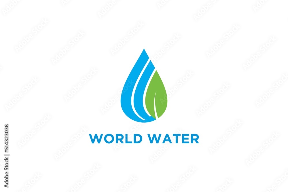 World water logo design blue water and green leaf element, drip water shape modern simple minimalist World water logo design blue water and green leaf element, drip water shape modern simple minimalist