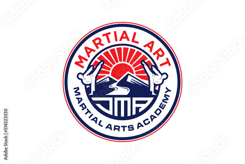Martial art logo badge style ap chagi dollyo chagi mountain and sunset element rounded shape