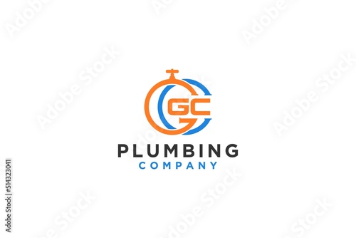 Plumbing company logo GC or CG initial pipe with faucet plumber identity repairman