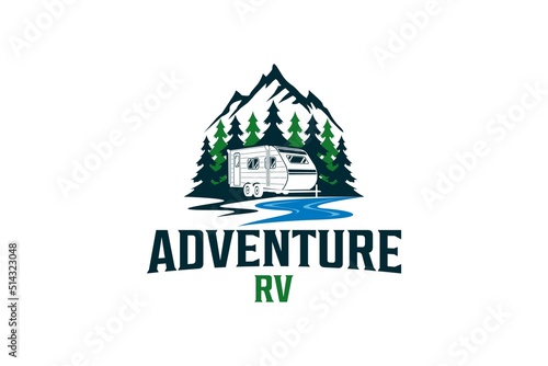 Recreational Vehicle logo design holiday journey traveler river lake scene car trailer