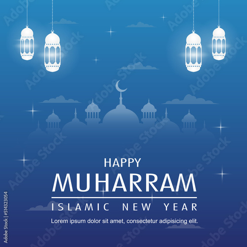 Simple Happy Muharram Islamic New Year greetings with Blue background