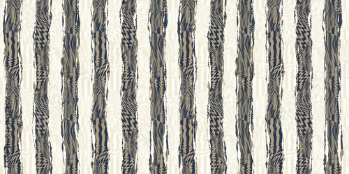 Seamless abstract african safari zebra and tiger stripes kintsugi background pattern. Contemporary geometric tribal vertical pin stripe motif ripped fabric collage in navy, beige, brown, and white..