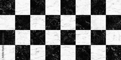 Seamless black and white checker or chess board marble tile background texture. Kitchen or bathroom natural stone wall, floor or countertop. A high resolution tileable luxury pattern 3D Rendering..