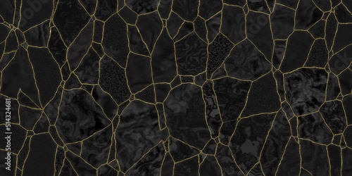Seamless glossy black gold encrusted broken marble mosaic tiles background texture. Luxury cracked ceramic art deco cobblestone tileable wallpaper pattern. High resolution 3D rendering..