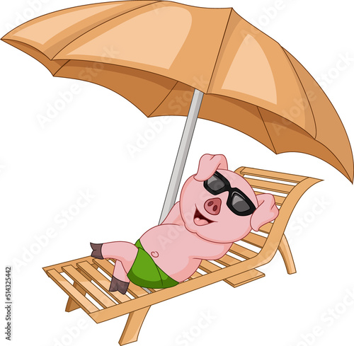 Cute pig cartoon sunbathing on deck chair