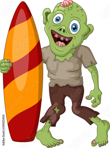 Creepy zombie cartoon holding a surfboard
