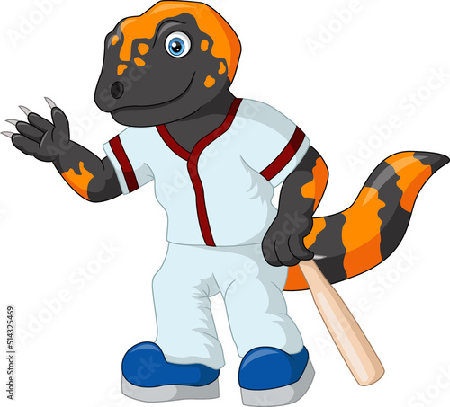 Funny gila monster lizard cartoon wearing baseball jersey holding baseball bat photo