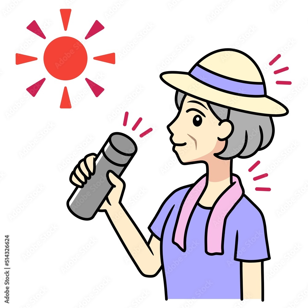 an elderly woman with a hat, a towel and an insulated drink container to prevent heat exhaustion an elderly woman with a hat, a towel and an insulated drink container to prevent heat exhaustion