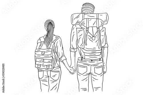 Happy Couple Adventure Explore Trip Mountain Climber Camping Romance Journey Sport Line Art Hand Drawn