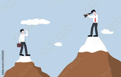 Doing business without underestimating competitor, 
strategy to sustain growth among competitive market concept, Entrepreneur businessman using telescope to look at competitor on mountain below. 