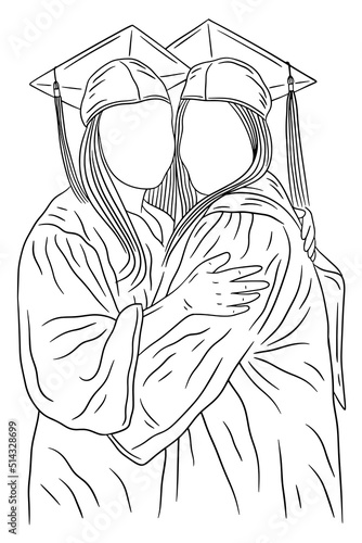 Happy Best friends happy graduation women girls university line arts style hand drawn illustration