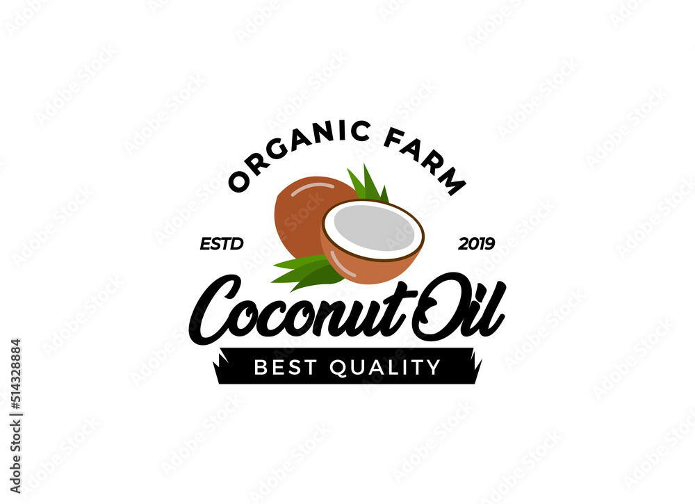 Coconut oil logo. Nature product coconut oil emblem. Ripe coco and half coconut and leaves with letters. Engraving style. Coconut oil logo. Nature product coconut oil emblem. Ripe coco and half coconut and leaves with letters. Engraving style.