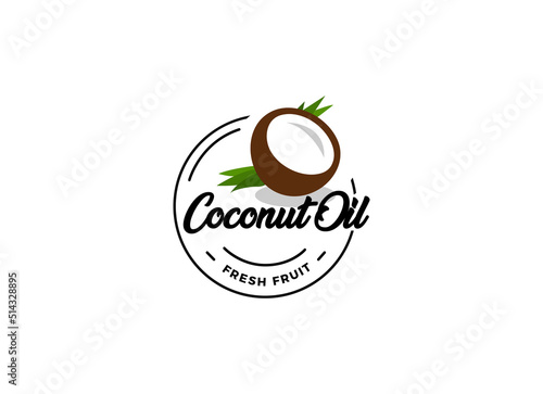 Coconut oil logo. Nature product coconut oil emblem. Ripe coco and half coconut and leaves with letters. Engraving style.