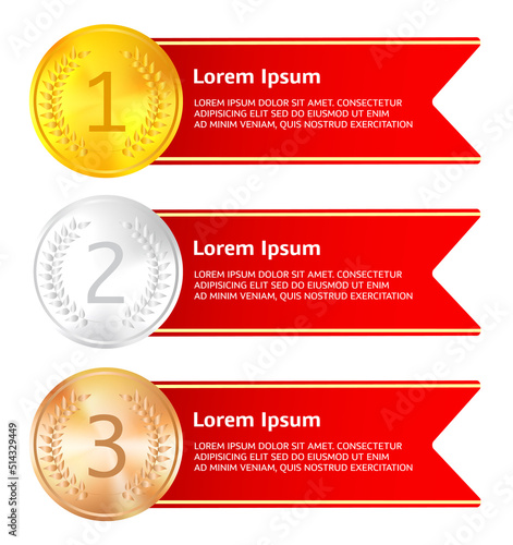 Winner products medal tags. Decoration awards medals for 1st 2nd and 3rd places, business premium quality seals, vector illustration