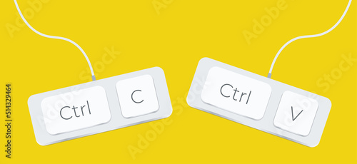 Keyboard keys Ctrl C and Ctrl V, copy and paste the key shortcuts. Computer icon on yellow background