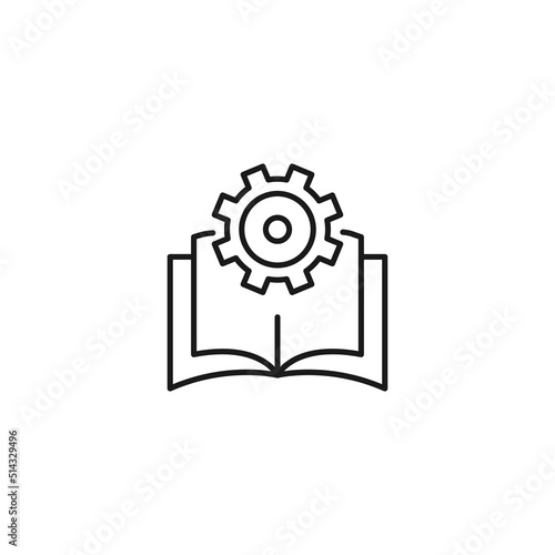 Encyclopedia, science, education signs. High quality symbol for stores, books, articles, sites. Editable stroke. Vector line icon of gear or cogwheel over opened book