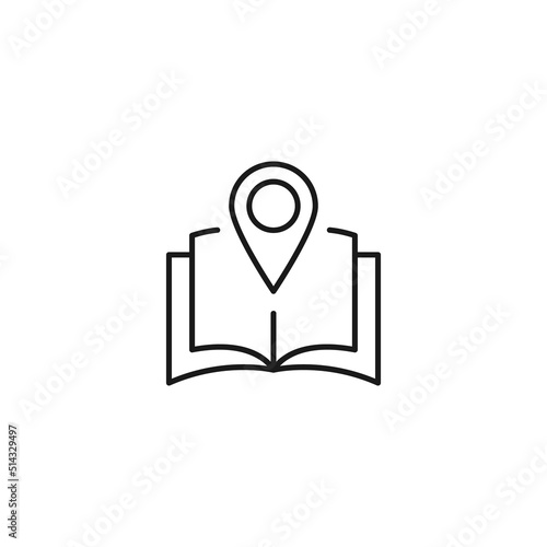 Encyclopedia, science, education signs. High quality symbol for stores, books, articles, sites. Editable stroke. Vector line icon of geotag over opened book