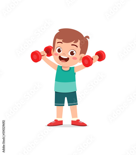 little kid do workout with lift dumbbell