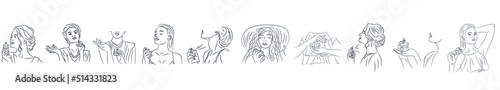 Different beautiful women with perfumes on white background