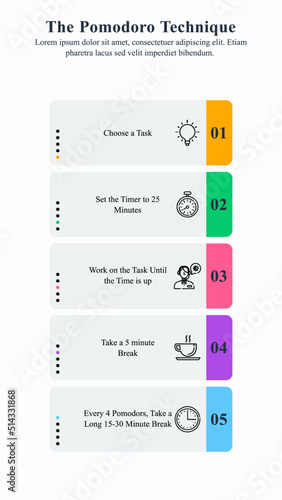 Infographic presentation template of the Pomodoro time management technique.