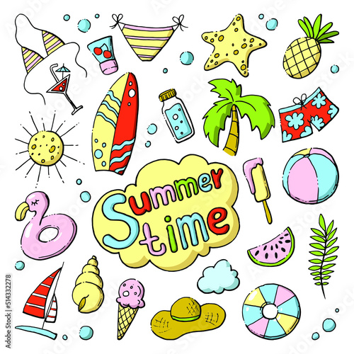 Summer accessories, beach items. A set of vector illustrations. Summer time.