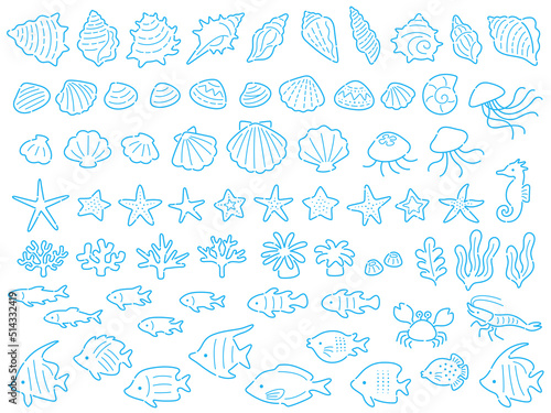 水色の海の生き物の線画イラストセット