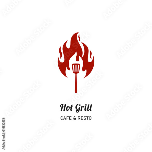 Fire flame spatula creative logo design vector template for hot grill barbecue