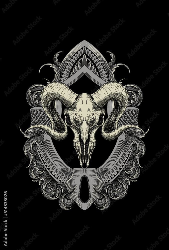Fototapeta premium Head skull goat with ornament artwork illustration