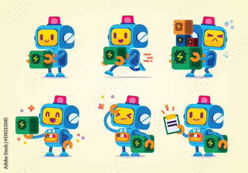 set of funny cartoon robot toy delivery box or package