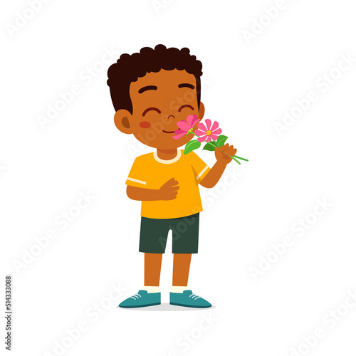 little kid holding flower with good smell