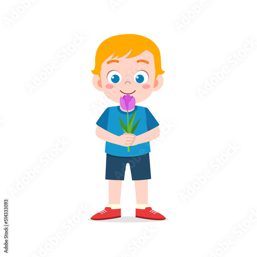 little kid holding flower with good smell