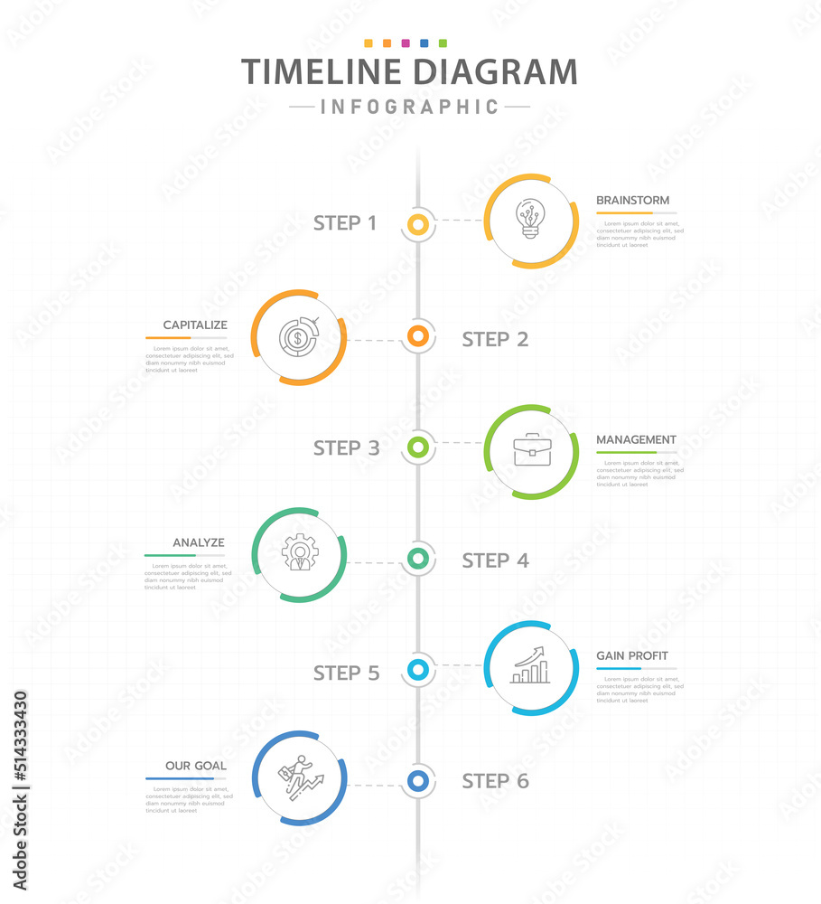 Infographic template for business. 6 Steps Modern Timeline diagram calendar with vertical topics and circles, presentation vector infographic.