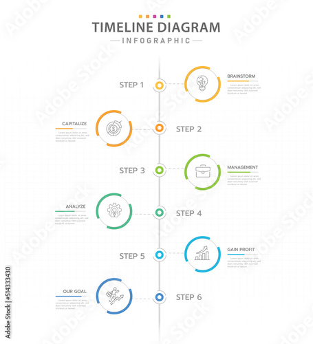 Infographic template for business. 6 Steps Modern Timeline diagram calendar with vertical topics and circles, presentation vector infographic.