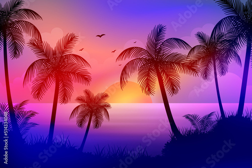 Fototapeta Naklejka Na Ścianę i Meble -  Tropical Beach at Sunset With Palm Trees and bright colorful sky