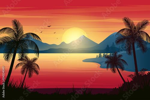 Tropical Sunset Beach With Palm Trees, bright sky and mountain