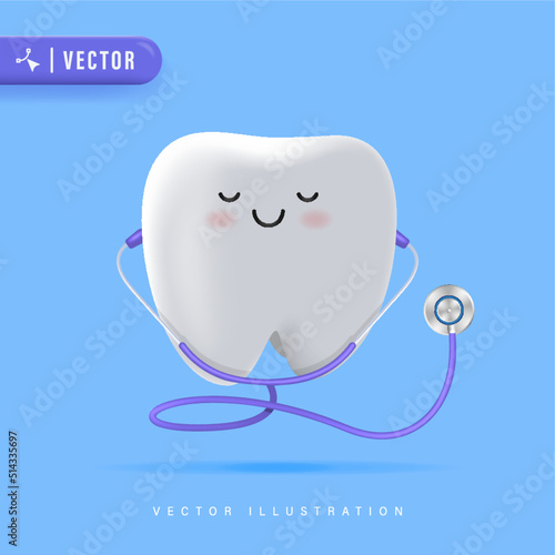 3D realistic happy tooth vector illustration. Cartoon dental character. Cute dentist mascot. Oral health and dental inspection teeth. Medical dentist tool.
