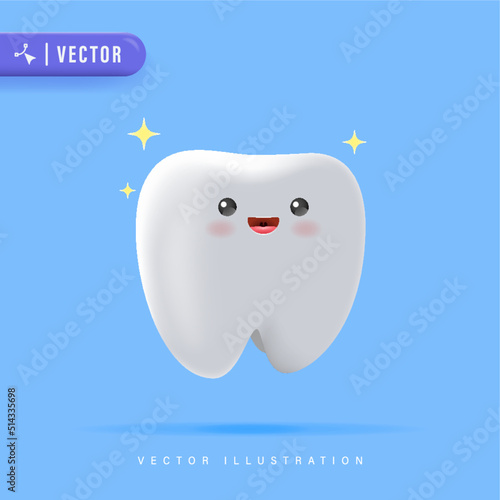 3D realistic happy tooth vector illustration. Cartoon dental character. Cute dentist mascot. Oral health and dental inspection teeth. Medical dentist tool.