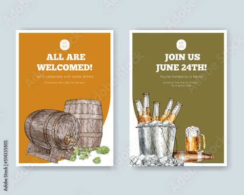 Invitation card template with craft beer concept,watercolor style