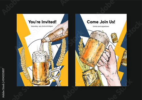 Invitation card template with craft beer concept,watercolor style