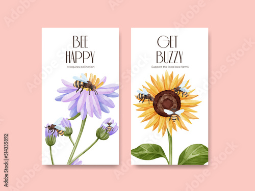 Instagram template with honey bee concept,watercolor style