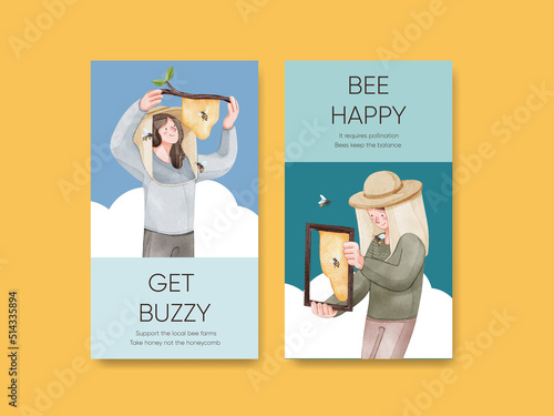 Instagram template with honey bee concept,watercolor style