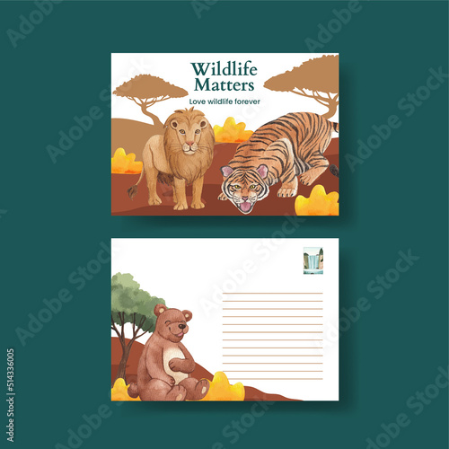 Postcard template with tropical wildlife concept,watercolor style