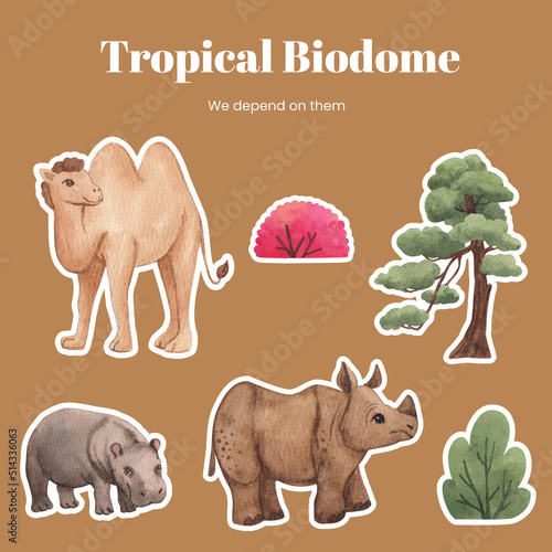 Sticker template with tropical wildlife concept watercolor style
