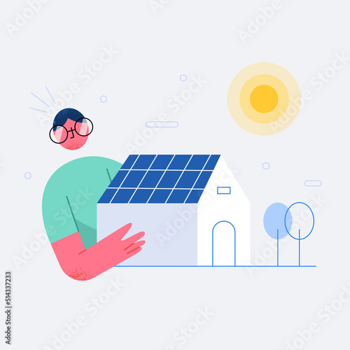 Young man holding an eco house in flat design, solar energy concept illustration