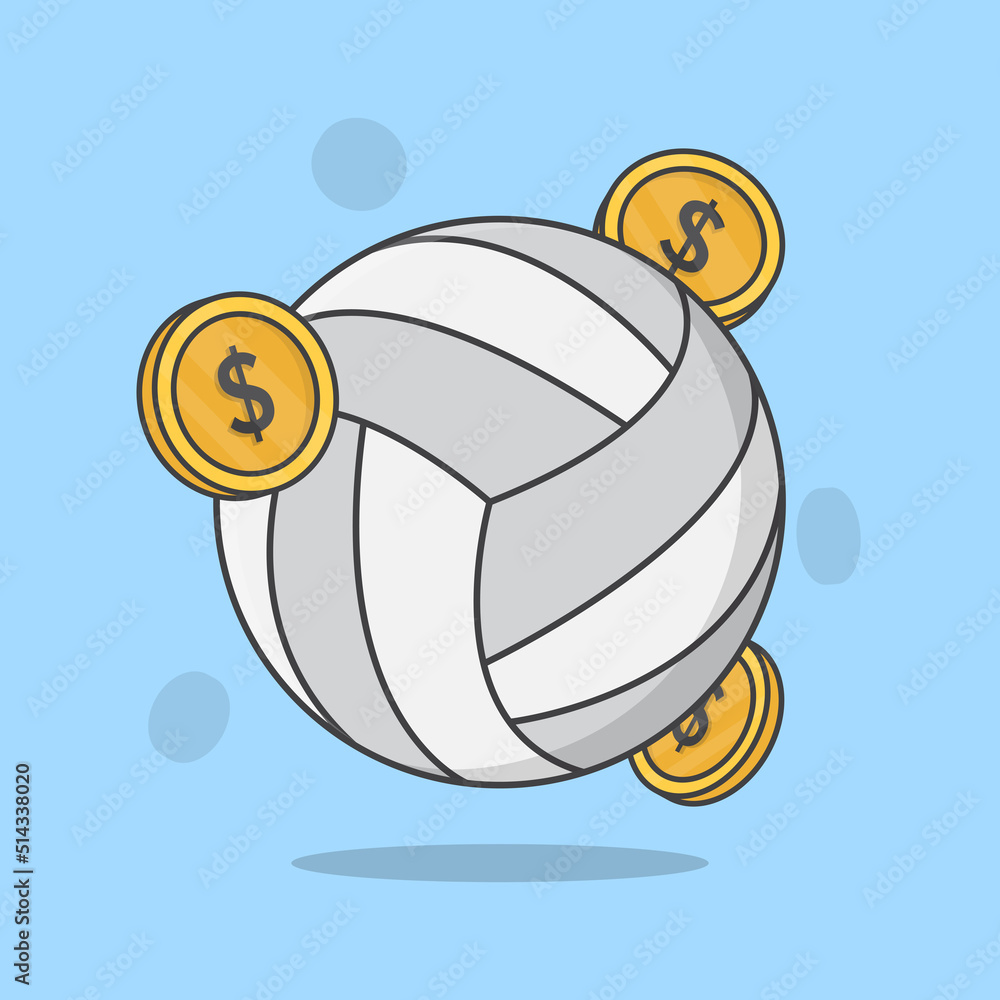 Volleyball Ball With Money Cartoon Vector Illustration. Volleyball Flat Icon Outline
