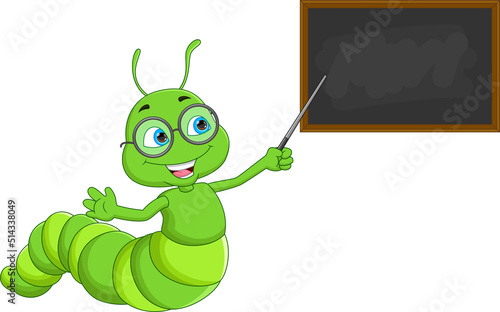 Cartoon cute caterpillar teacher wearing glasses and holding pointer