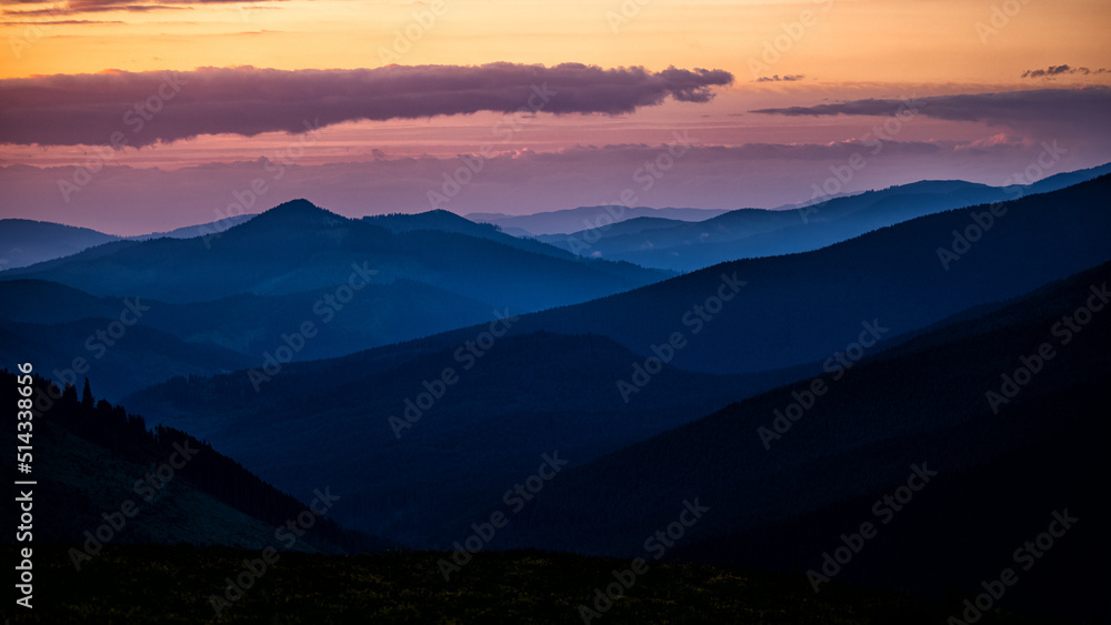 Sunrise from the Prislop Pass between Maramures and Rodna Mountains, Carpathians, Romania.