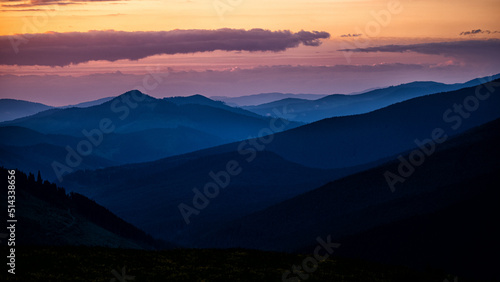 Sunrise from the Prislop Pass between Maramures and Rodna Mountains  Carpathians  Romania.