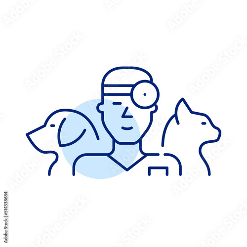Veterinary doctor icon. Young man with dog and cat. Pixel perfect, editable stroke line art icon